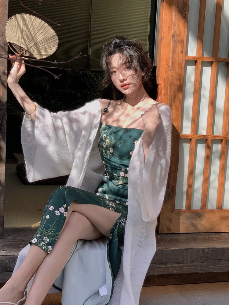 Hulianfu Women Slash Neck Sexy Strapless Retro Green Printing Elegant Temperament Fitting Suspender Slit Bodycon Long Midi Dress Summer - Deanwangkt