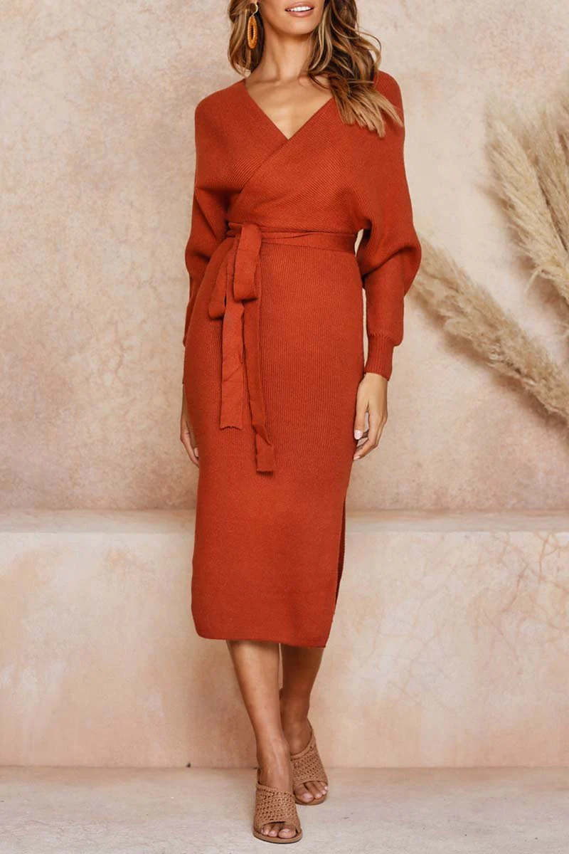 hulianfu hulianfu V Neck Backless Sweater Dress(5 Colors) - Deanwangkt