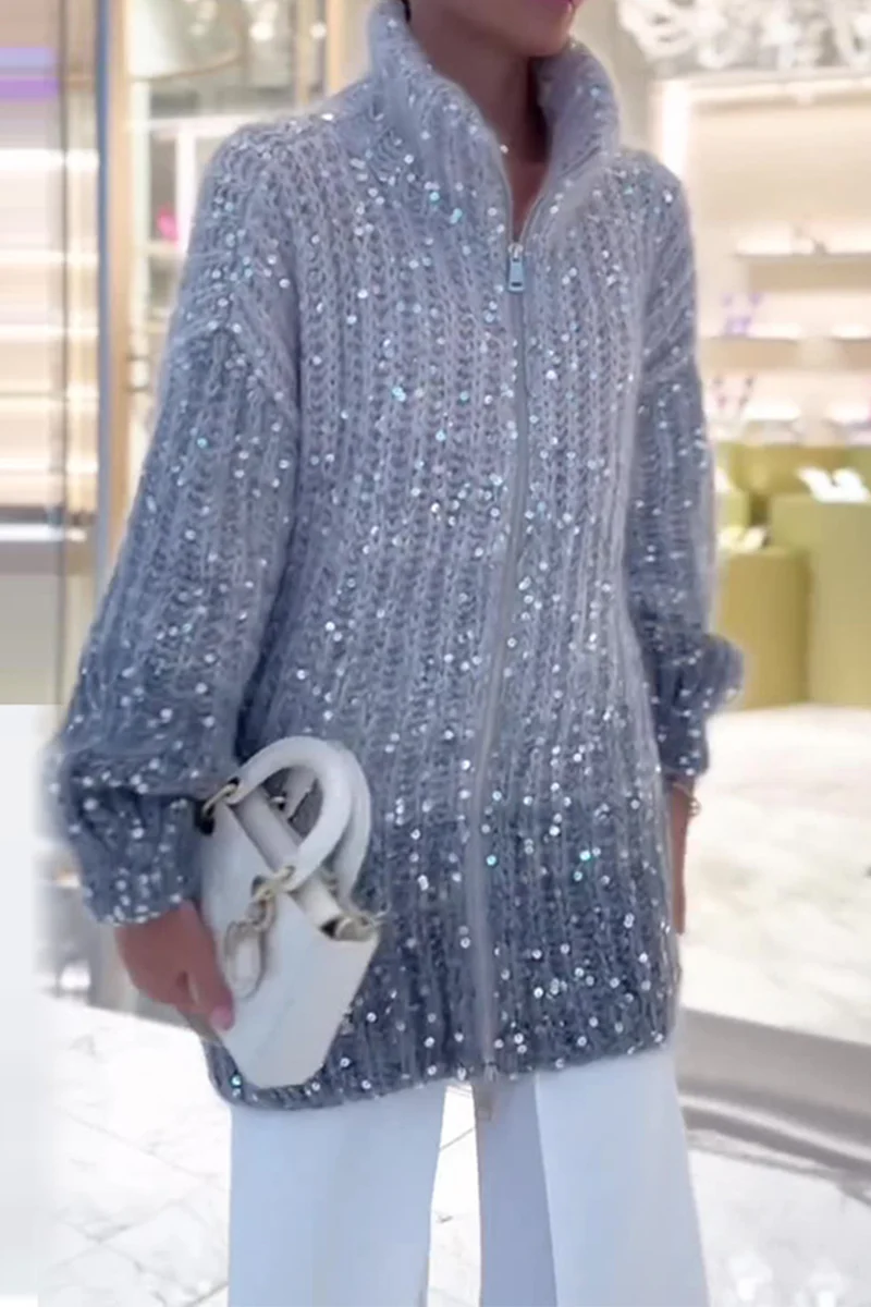 hulianfu Casual Celebrities Elegant Sequins Turndown Collar Sweaters(3 Colors) - Deanwangkt