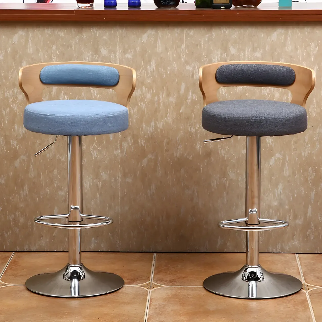 Adjustable Round Leather Swivel Bar Stools with Back
