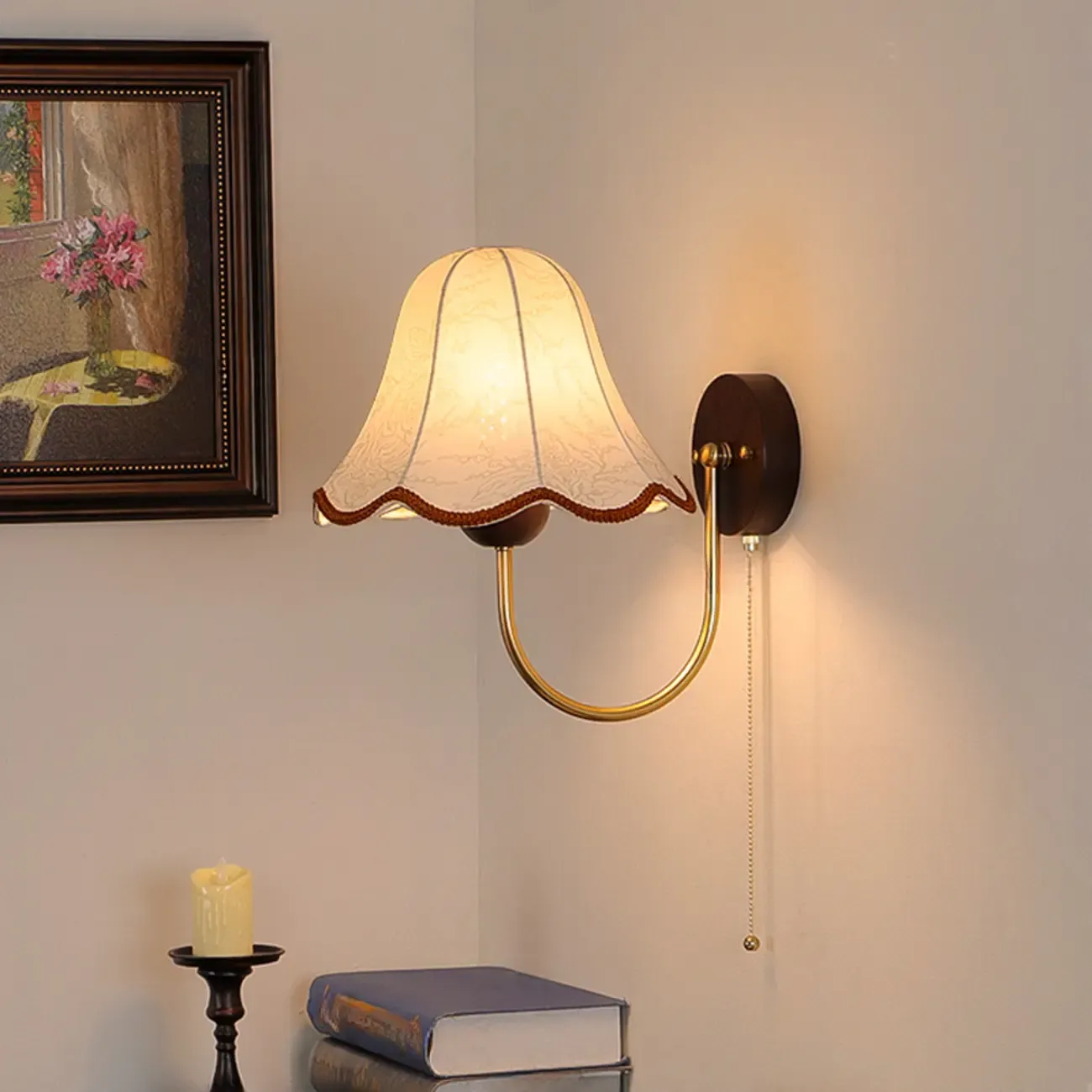 Walnut Modern Wood LED Wall Lamp Fabric Shade for Indoor