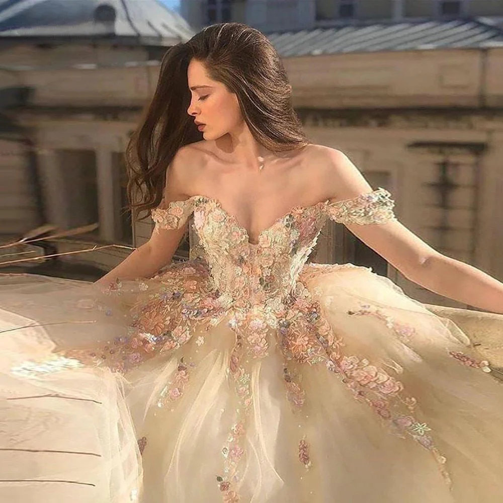 hulianfu  Fairy Ball Gown Princess Prom Dresses Off the Shoulder Sweetheart Floral Appliques Formal Party Dresses Tulle Long Evening Gowns - Deanwangkt