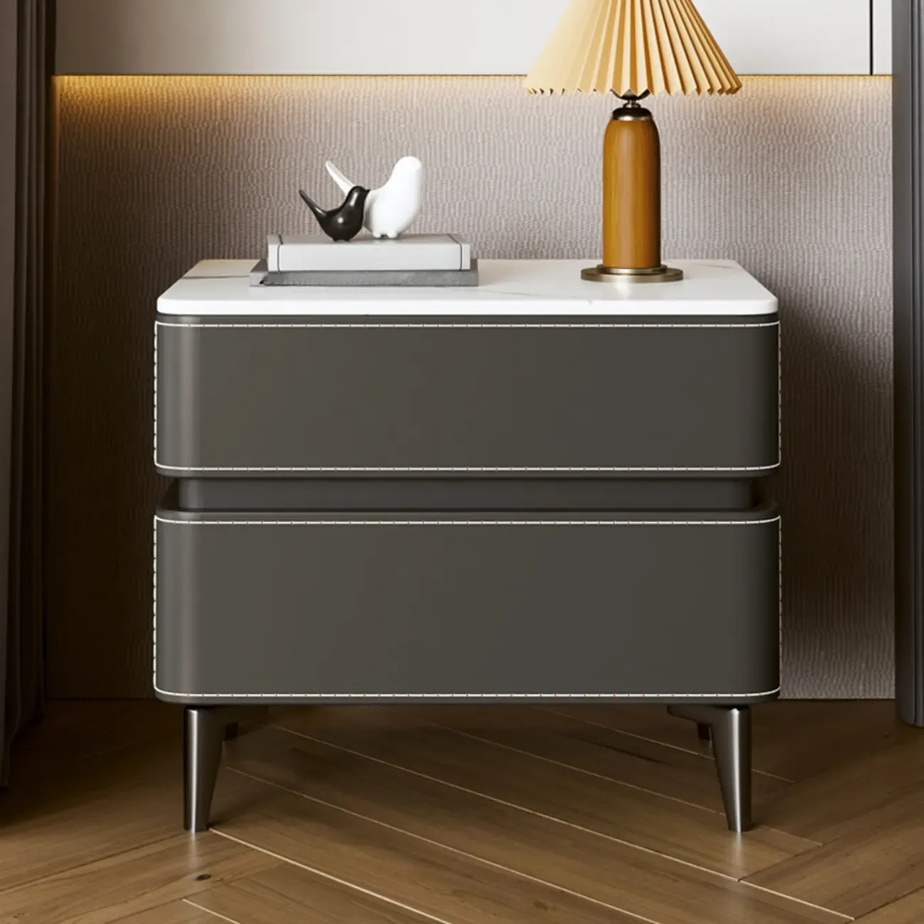 Stylish Faux Marble Leather Drawer Nightstand with Metal Legs
