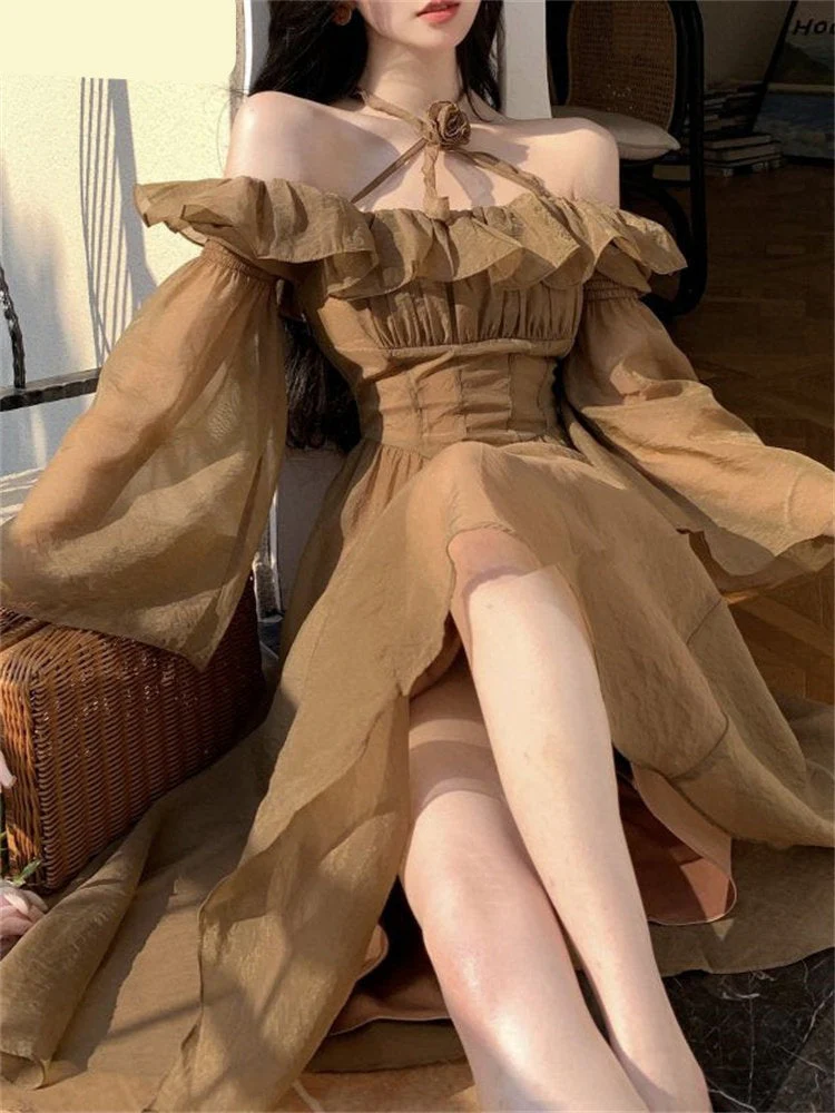 Hulianfu Fairycore Dress for Women 2026  Fashion Sweet Ruffle Slash Neck Backless Vintage Dress Elegant Long Sleeve Women Dress - Deanwangkt