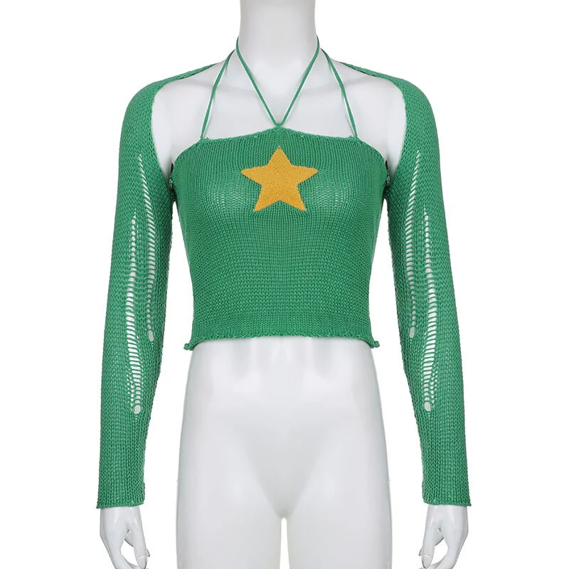 Hulianfu Knit Two Piece Set Y2K Star Crop Top And Bolero Cardigan Women Sexy Night Club Festival Outfit Knitwear Co ord Set White Green - Deanwangkt