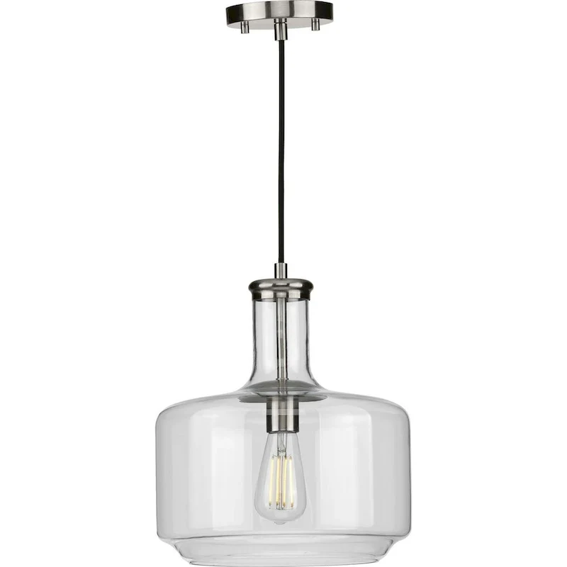 Latrobe Collection One-Light Brushed Nickel Clear Glass Coastal Pendant Light - 12.25 in x 12.25 in x 14 in