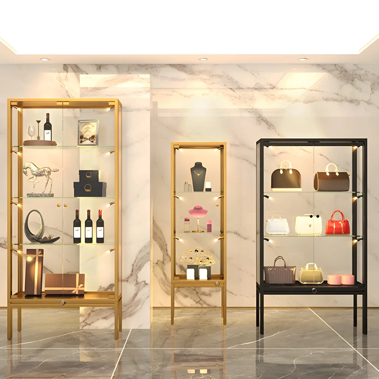 Glam Clear Glass Shelf Black Metal Frame Curio Cabinet