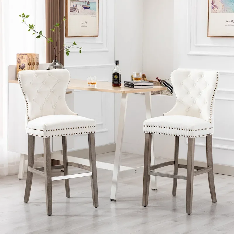 Carter 29 Wingback Tufted Nailhead Bar Stool (Set of 2), Antique Grey Legs