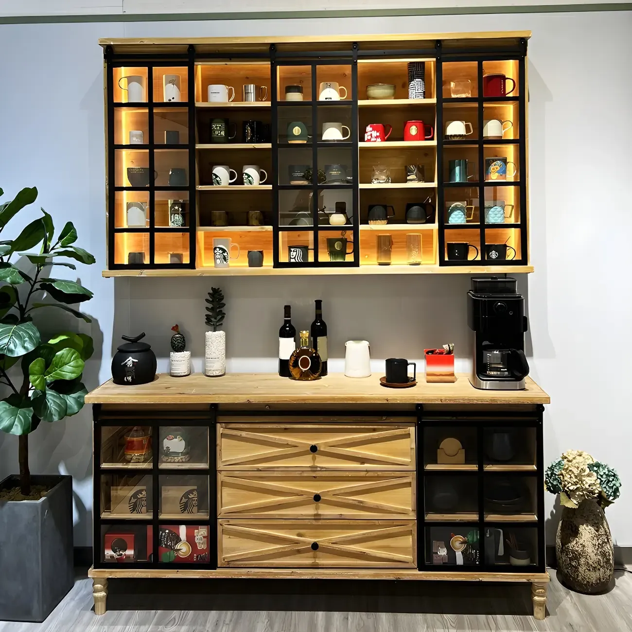 Natural Wall Mount LED Wooden Open Storage Display Cabinet