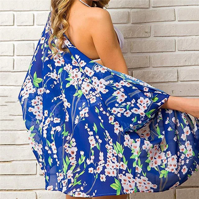 Casual Leaves Print Chiffon Kaftan Beach Cover Up Cardigan Shawl Swimwear Women Summer Swimsuit Pareos Cape Saida De Praia - Deanwangkt