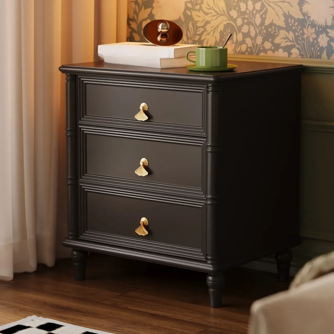 Traditional Rectangular Solid Wood 3-Drawer Black Nightstand