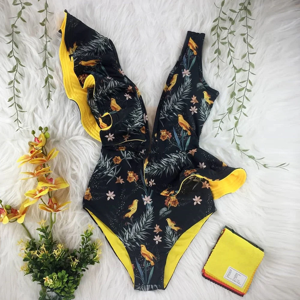 New Sexy Ruffle Print Floral One Piece Swimsuit Off The Shoulder Swimwear Women Solid Deep-V Beachwear Bathing Suit Monkini - Deanwangkt