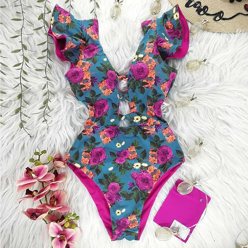 New Sexy Ruffle Print Floral One Piece Swimsuit Off The Shoulder Swimwear Women Solid Deep-V Beachwear Bathing Suit Monkini - Deanwangkt