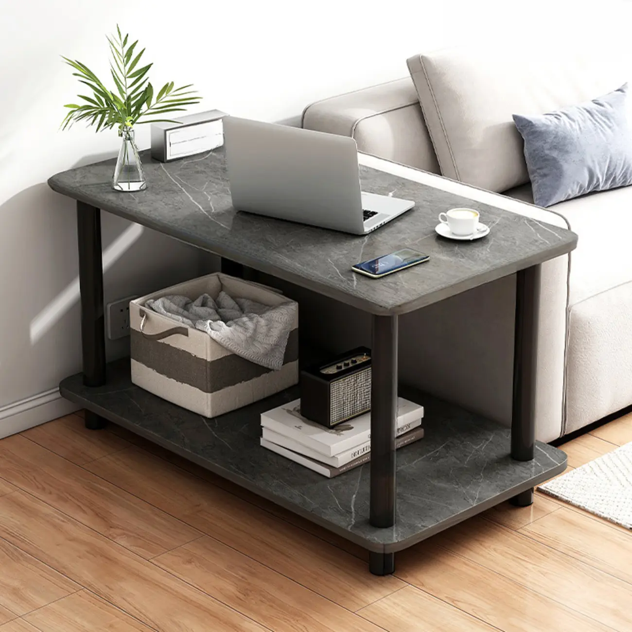 Square White Wood Side Table with Shelf