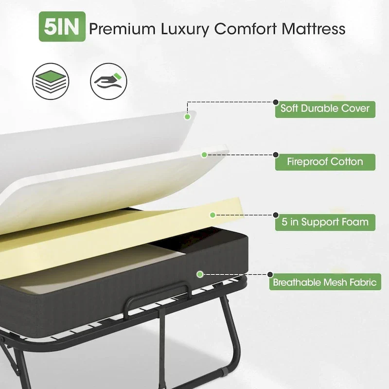 Roll away Space-Saving Sturdy Metal Frame Folding Guest Bed with 5 Thick Mattress