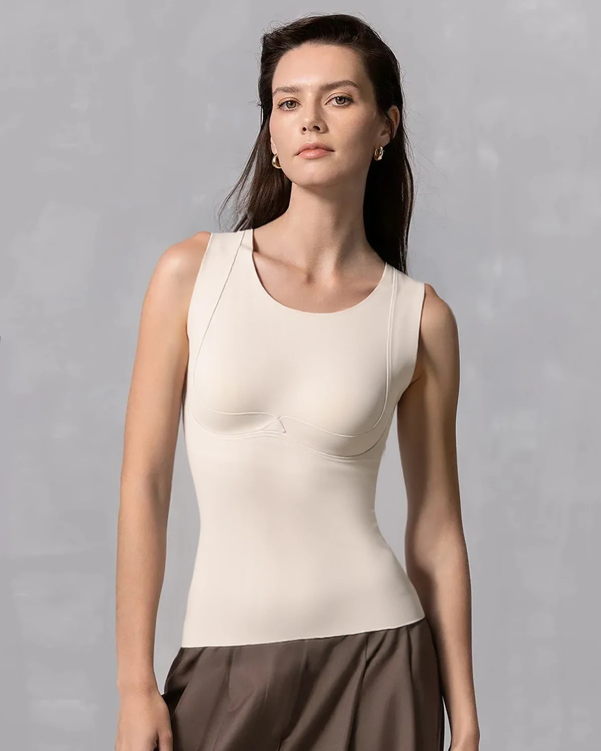 No-bra-needed fixed-cup double-sided brushed fleece camisole with bra pads, cashmere and mulberry silk integrated thermal tank for women