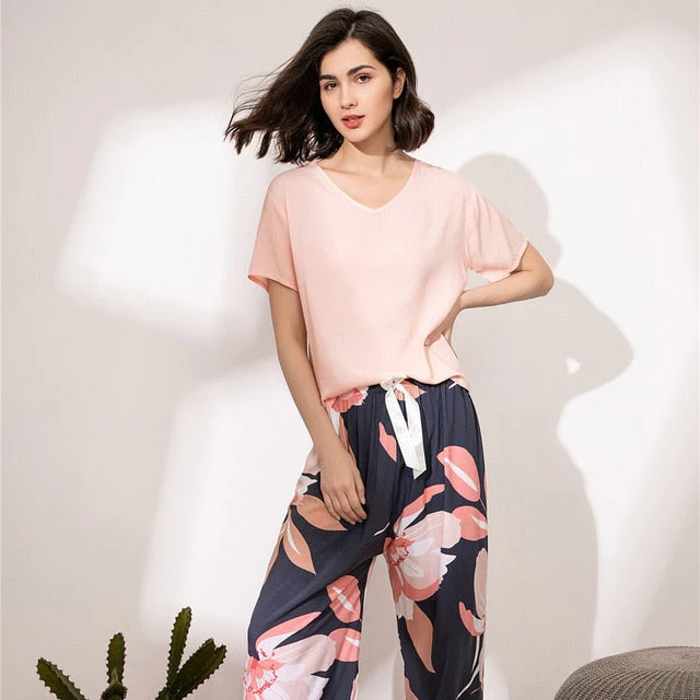 Breathable 2PCS Pajama Short Sleeve Printed Pijama Mujer Femme Loose Nightwear Suit Female Casual Homewear Pajama Set For Women - Deanwangkt