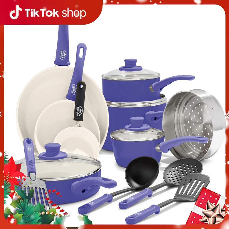 GreenLife 16 Piece Nonstick Cookware Set, Soft Grip Non-Toxic PFAS-Free Ceramic Pots & Pans, Dishwasher & Oven Safe, Frying, Sauce, Utensils, Glass Lids, Stay-Cool Handles, Wobble Free, Black & Cream
