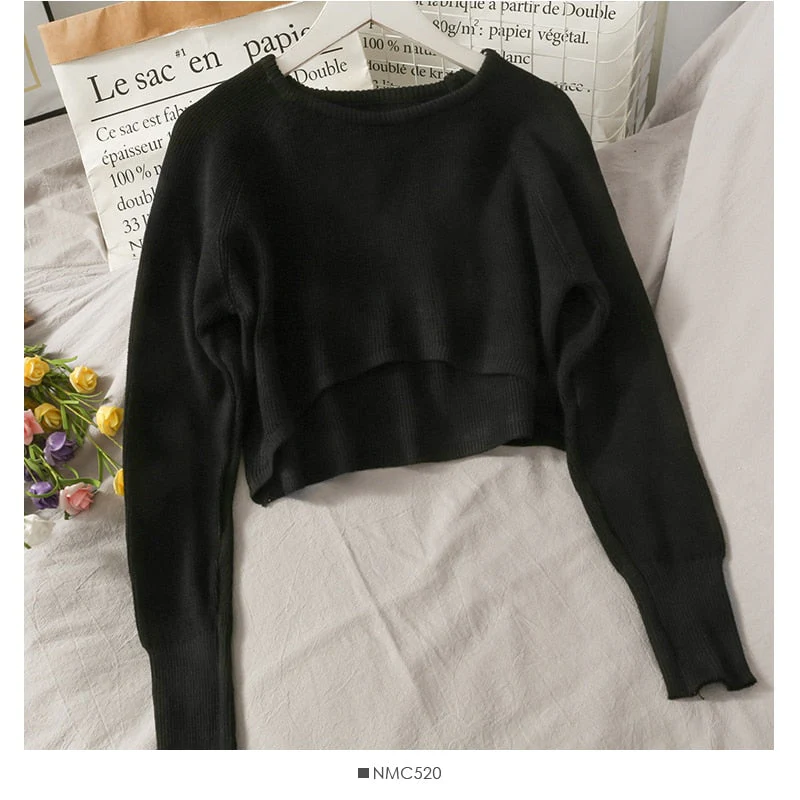 Hulianfu New Autumn Women Solid Sweater O-Neck Loose Sweater Pullover Crop Top Sweaters Shirts Femme Knit Outwear Jumpers - Deanwangkt