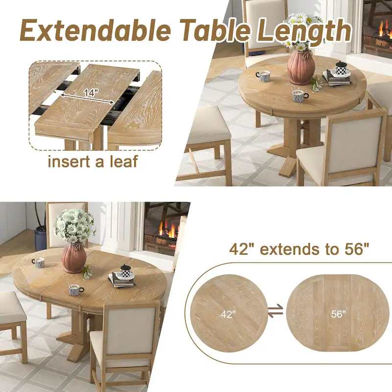 5 Pcs Wood Kitchen Furniture Set, Extendable Round Dining Table Set with Removable Leaf and 4 Upholstered Chairs