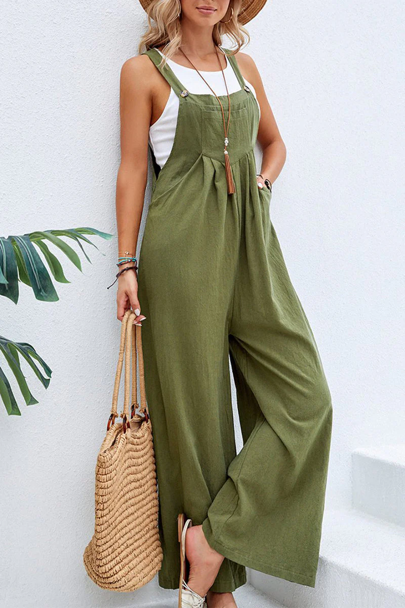 hulianfu Casual Vacation Solid Buttons Square Collar Loose Jumpsuits(10 Colors) - Deanwangkt