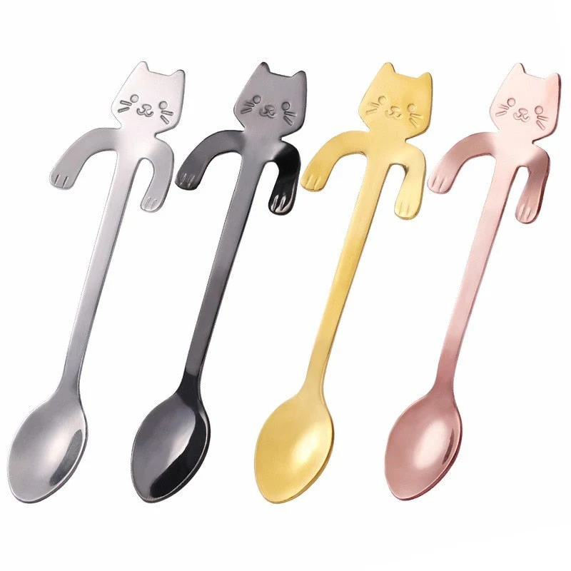 HULIANFU Stainless Steel Coffee Spoon Lovely Cute Cat Shape Teaspoon Dessert Snack Scoop Ice Cream Mini Spoons Tableware Kitchen Tools - Deanwangkt