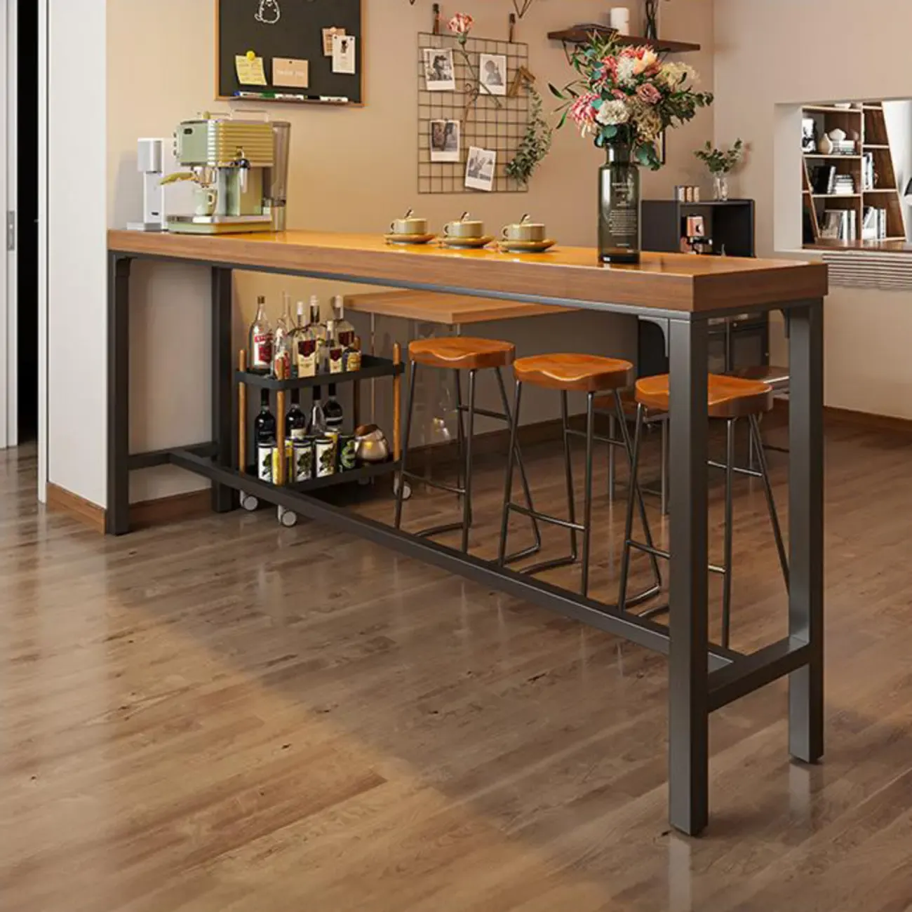 Contemporary Wooden Long Bar Table with Metal Footrest for 8 People