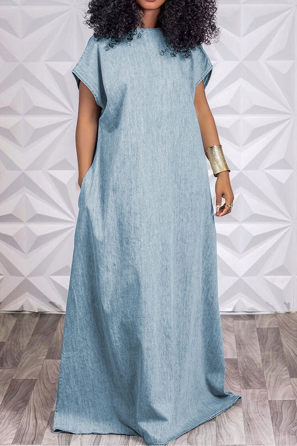 Solid Color Simple Open Back Denim Maxi Dress - Deanwangkt