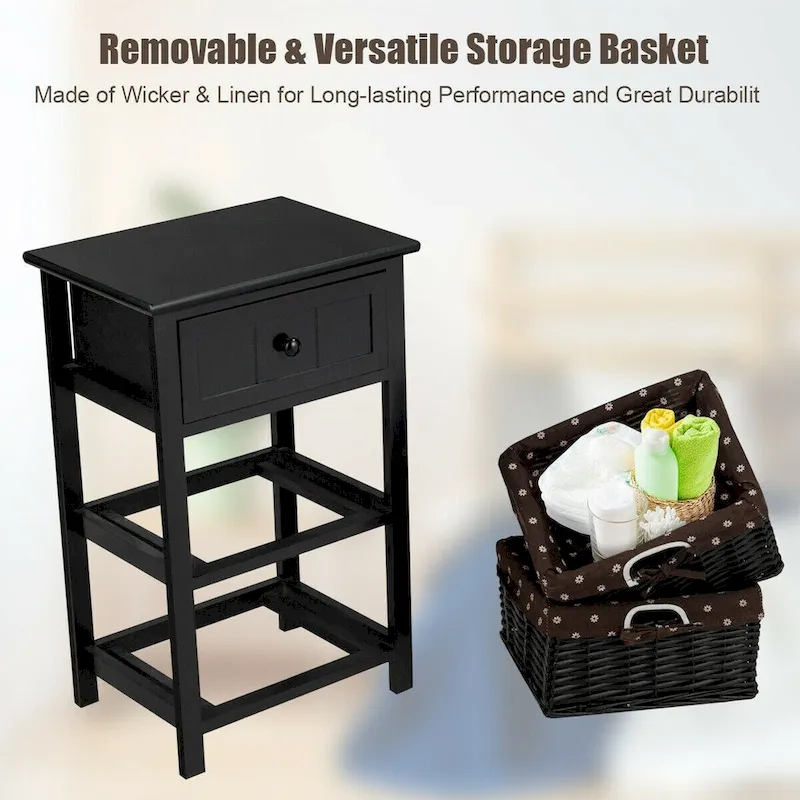 3 Layer Set of 2 Wooden Bedside End Table with 2 Wicker Baskets and 1 Drawer - 16 x 12 x 25(L x W x H)
