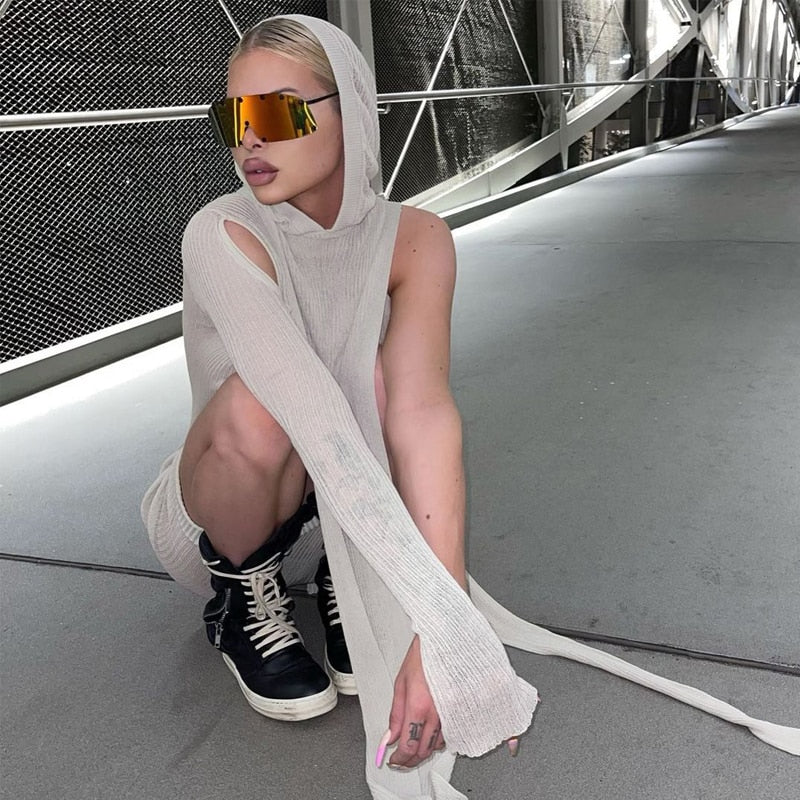 Fall Spring Clubwear Tight Dress One Sleeve Knit Asymmetric Midi Dresses Skinny Ribbed Hooded Streetwear Baddie Clothes - Deanwangkt