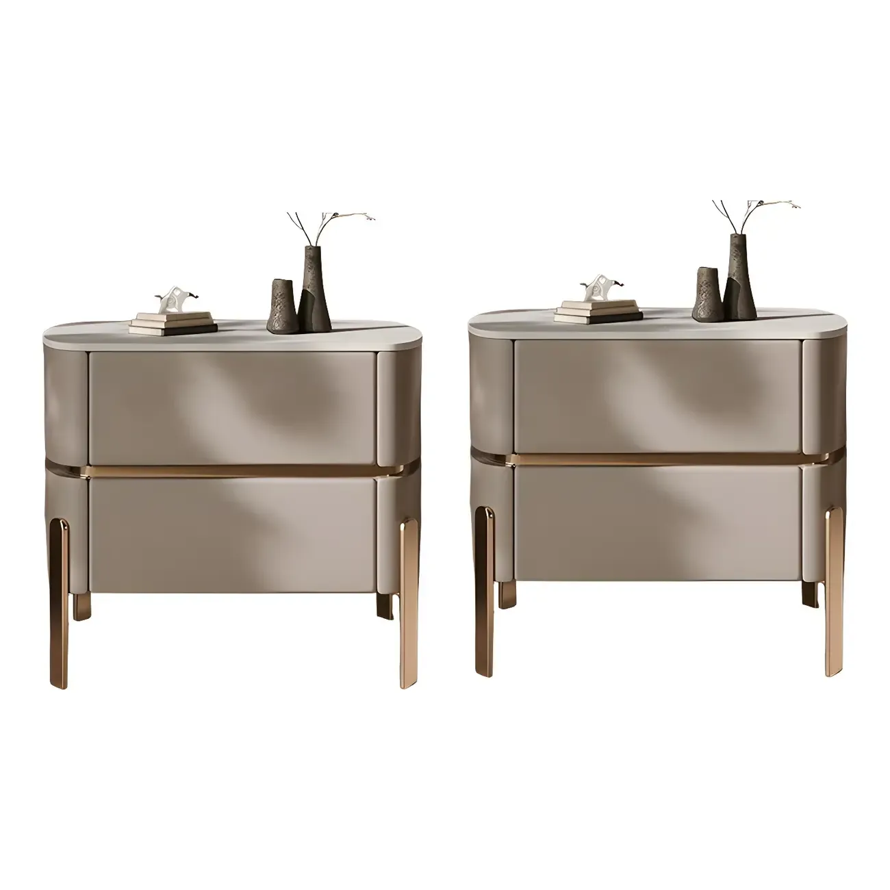 Glam Beige Leather Stone Top 2-Drawer Nightstand