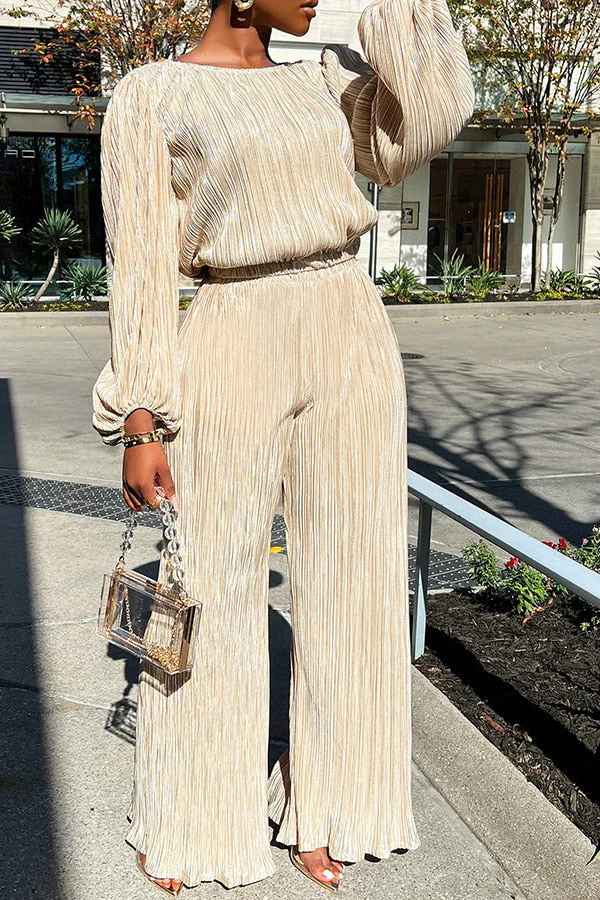 Two Piece Pleated Outfits for Women Casual Crewneck Long Sleeve Loose Fit Top and Wide Leg Palazzo Pant Suit Tracksuit - Deanwangkt