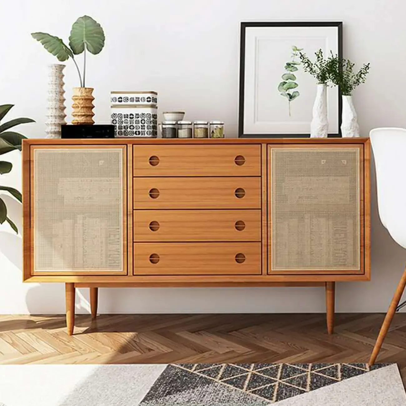 Living Room Modern Natural Wood Rectangle Storage Cabinet