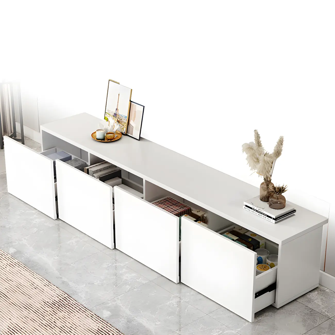 63 White Wooden Cable Management TV Stand with Drawers