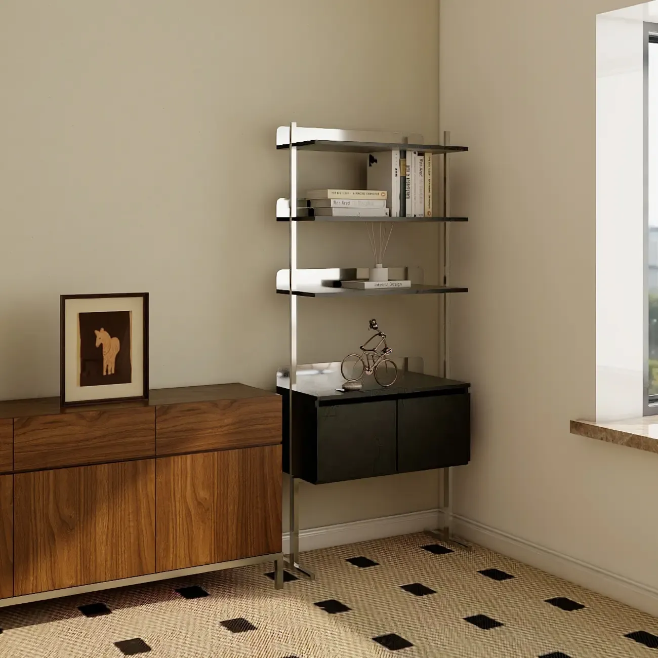 Modern Ladder Bookshelf with Storage Cabinet