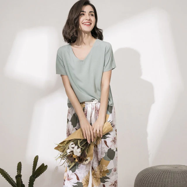 Breathable 2PCS Pajama Short Sleeve Printed Pijama Mujer Femme Loose Nightwear Suit Female Casual Homewear Pajama Set For Women - Deanwangkt