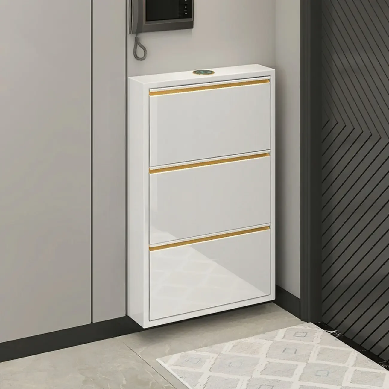 Gloss Black Wall Mounted Wooden Slim Drop Front Shoe Cabinet