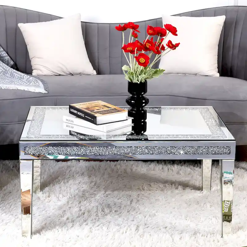 Rectangle Coffee Table with Crystal Inlay Mirrored Silver Center Table