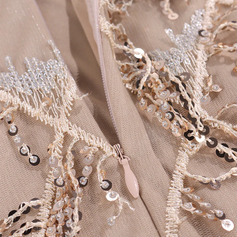 Hulianfu New Year Birthday Party Dresses Vintage Tassel Dress Sexy Sequined V Neck Spghetti Strap Mesh Dress Women - Deanwangkt