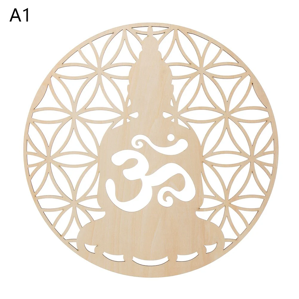 HULIANFU Log Color Chakra Pattern Round Edge Circles Carved Wooden Stand Coaster Flower of life Reload Stone Kitchen Hot Pad Mat Decor - Deanwangkt