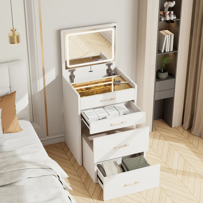 23.6 Makeup Vanity Table with Flip Top Lighted, 3 in 1 Vanity Desk with Glass, LED Light & Power Outlet, 3 Drawers