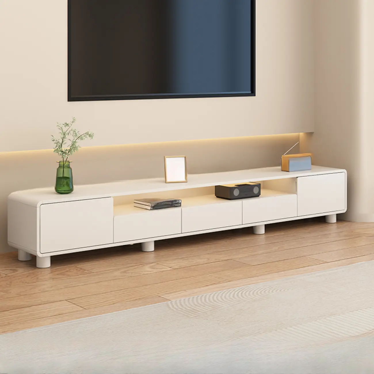 White Wooden Modern TV Stand with Drawers & Cabinets