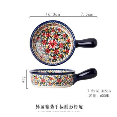 HULIANFU Krusoal Retro Ceramic Handle Salad Bowl Household Oven Breakfast Bake Pan Microwave Bohemia Binaural Soup In-glaze Tableware - Deanwangkt