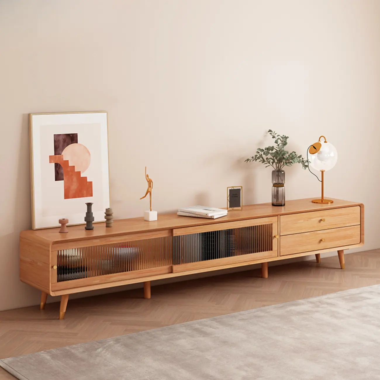 Long Brown 2-Drawer Pine Modern TV Stand with Cabinet