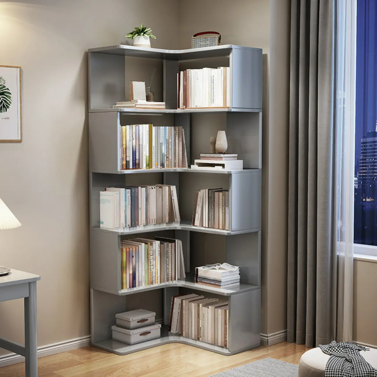 Grey Wood 5-Tier Open Corner Display Bookcase