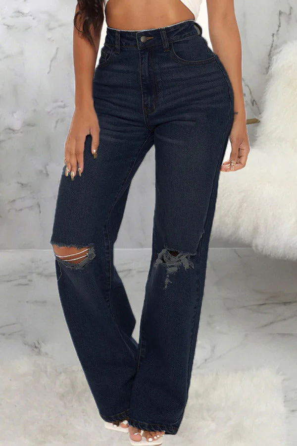 hulianfu - Dark Blue Casual Solid Ripped Patchwork High Waist Denim Jeans - Deanwangkt