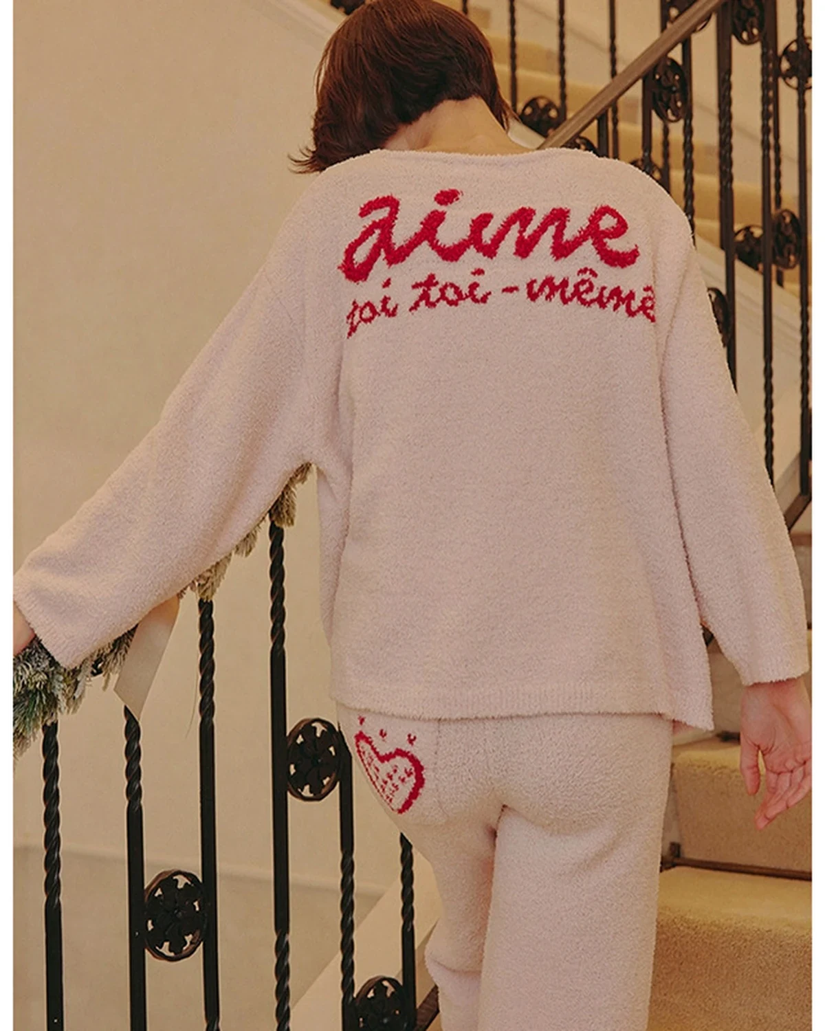soft fluffy half-fleece sweet strawberry pajama pants set for women, suitable for layering or wearing on its own, thick warm homewear