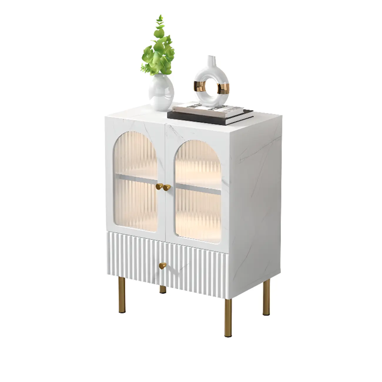 Trendy Marble-Textured Striped Wood Glass Storage Cabinet