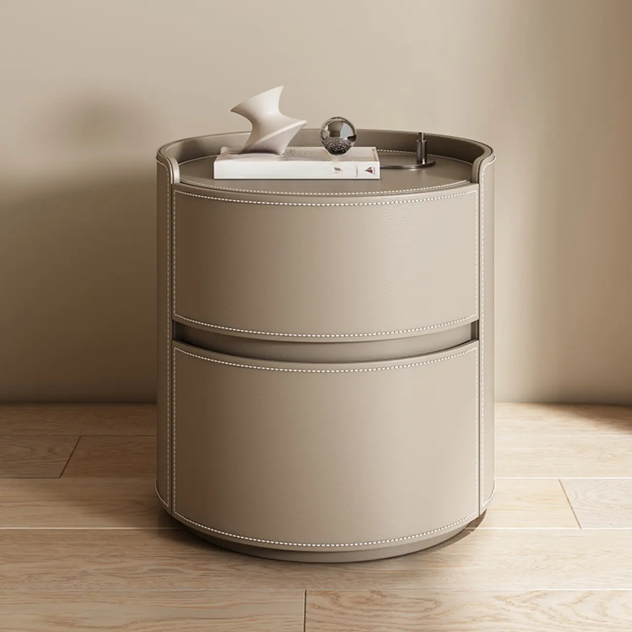 Modern Leather Tray Round 2-Drawer Nightstand