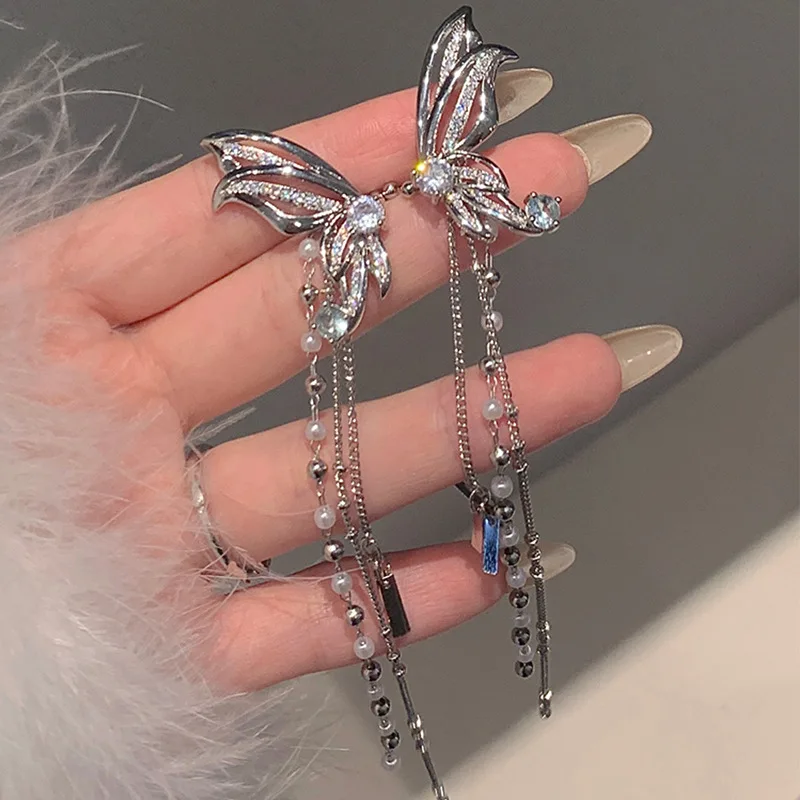 hulianfu Korean Fashion Zirconia Butterfly Clips Earrings For Women Pearl Tassel Ear Bone Clip Aretes De Mujer Modernos - Deanwangkt